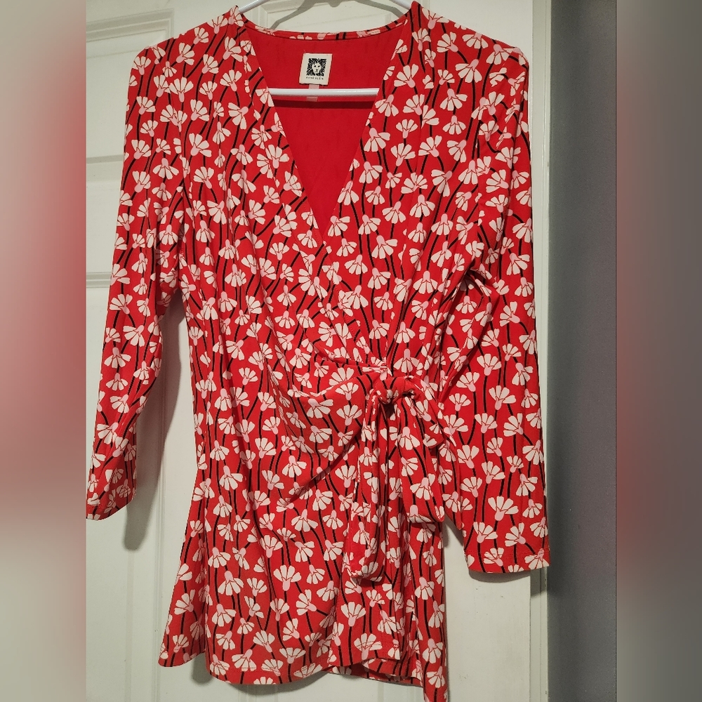 Anne Klein Red and White Floral Faux-wrap Shirt